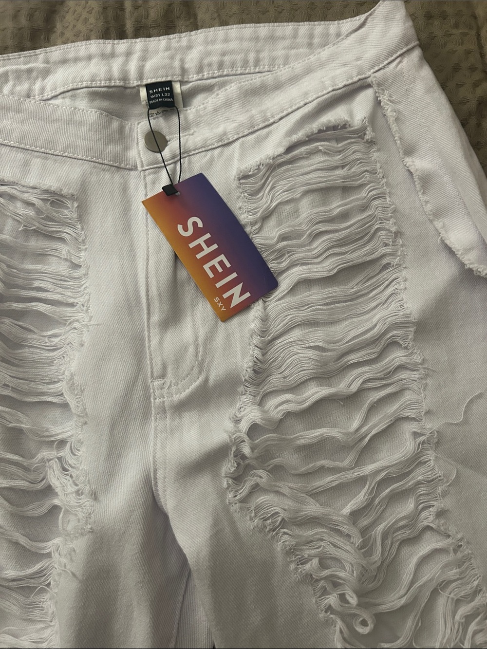 SHEIN White Distressed Ripped High-Waist Denim Jeans